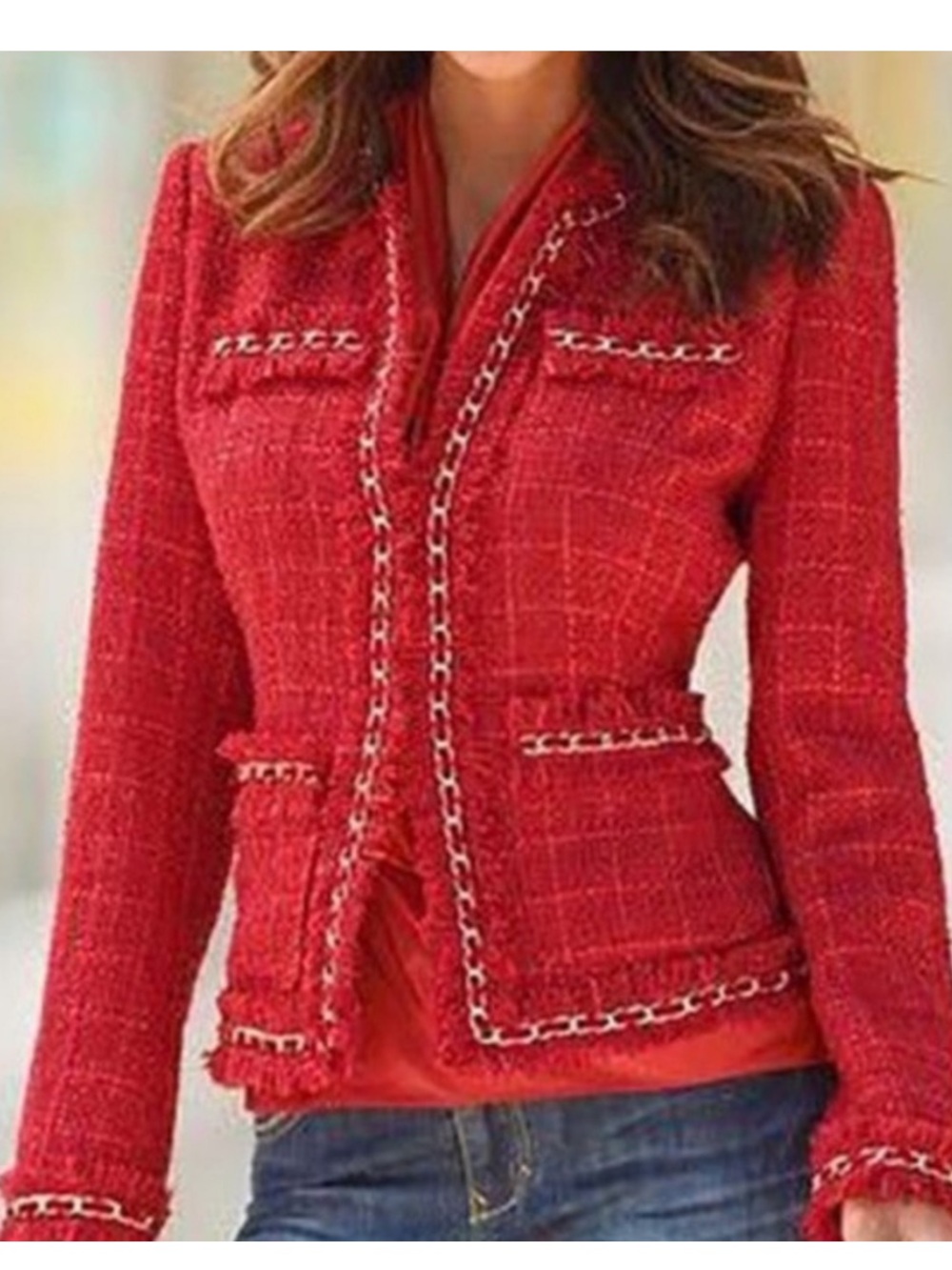 Boston Proper Parisian Red Tweed Gold Metallic Blazer size 14